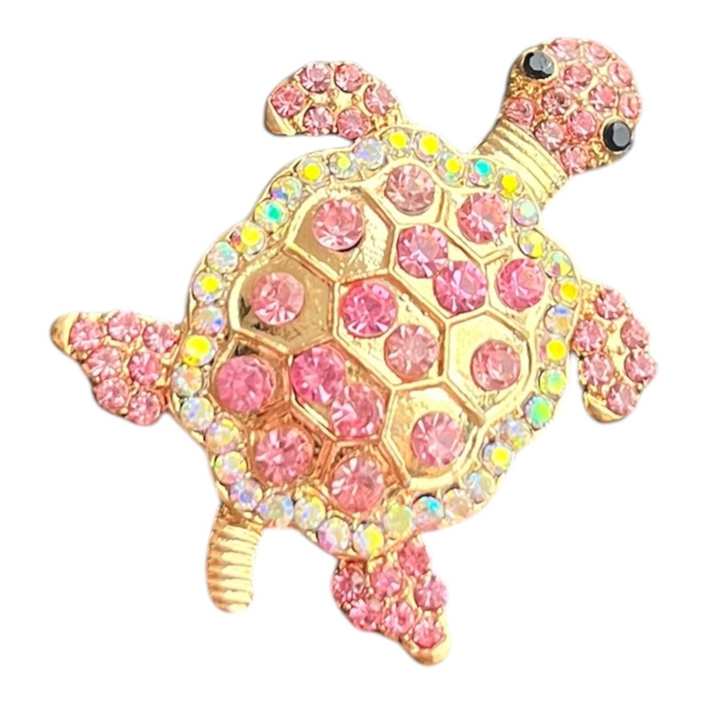 Sea Turtle Brooch Pin 1.75" Pink AB Rhinestone Gold Tone Ocean Jewelry